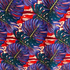 1 Yard All Over Monstera Leaf Rayon Poplin Fabric 36in L x 45in W Purple/Teal/Red