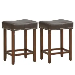 Costway 24" Upholstered Bar Stools Set of 2 with Footrests Rubberwood Frame Saddle-shaped Brown/Gray