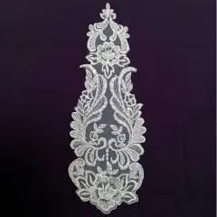 Beaded Lace Medallion Applique for Bridal Veils and Wedding Gowns 14" x 5.5" White