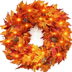 24" Fall Wreaths for Front Door with Lights Timer