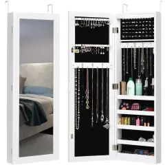 Costway Wall Door Mounted Mirrored Jewelry Cabinet Organizer Storage w/LED Light White
