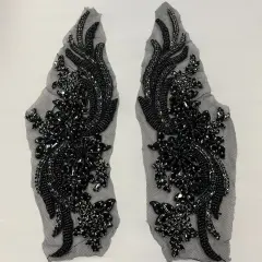 1 Pair 14" x 4" Each Side Crystal Rhinestone Beaded & Corded Lace 100% Polyester Black / Silver