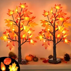 2 Pack 24 Inch Prelit Fall Maple Tree Decor with 48 LED Timer