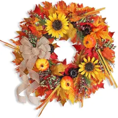 Fall Sunflower Wreaths with Pumpkins Maple Leaves Bows