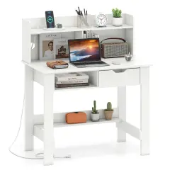 Costway Computer Desk with Power Outlets and USB Ports & Type-C Hutch Open Shelf Drawer Black/White