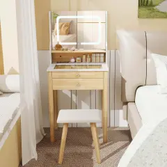 Costway Small Vanity Desk Set with Adjustable LED Lighted Mirror and Power Outlets White