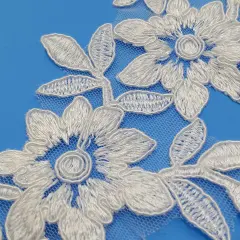 1 Pair 15" x 4" Corded Floral Applique Embroidered on 100% Polyester Net Mesh Off White