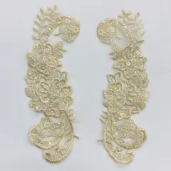 1 Pair Beaded Lace Applique Embroidered on 100% Polyester Organza 9" x 3" Each Side Gold