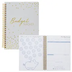 Budget Tracker Notebook, Hardcover Monthly Expense Journal Planner (8.5" x 6", Gold Foil Dots) White