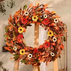 22-24in Daisy Fall Door Wreath with Pumpkin