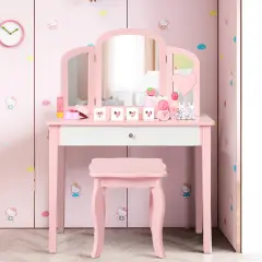 Costway Kids Vanity Set Princess Makeup Dressing Play Table Set W/MirrorWhite\ Pink