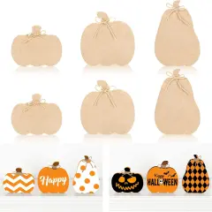 6Pcs Fall Pumpkin Wooden Cutouts with Ropes 3 Design Unfinished Pumpkin