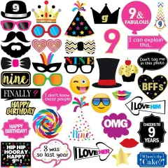 9th Birthday Photo Booth Party Props - 40 Pieces - Funny Kids Birthday Party Supplies, Decorations and Favors