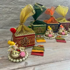 Ganesha Gift Hamper Hindu Religious Ganesh Chaturthi Diwali Puja Housewarming Teej Sankranti Return Gifts - Potli Basket Box Haldi Kumkum Packet & Ganesha Haldi Kumkum Holder