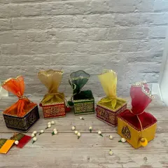Pack of 4 Small Potli Gift Box Decorative Net Ganesha Potli for Dry Fruits Jewelry Organizer Packing Return Gift Indian Wedding Mehndi Festival Favors Housewarming Gift