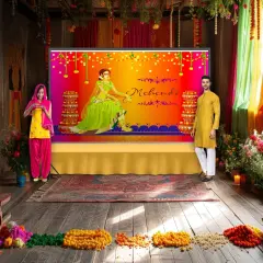 Mehendi Ceremony Backdrop Indian Traditional Cloth 5x8 Feet Backdrop Mehendi Banner Indian Wall Art Photo Decor Banner Indian Wedding Backdrop Decorative Mehendi Stage Cloth