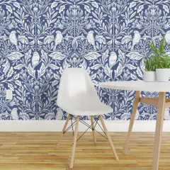 Pre-Pasted Wallpaper 2FT Wide Woodland Blue Birds Traditional Block Print Botanical Floral Victorian Garden Custom Pre-pasted Wallpaper by Spoonflower