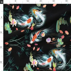 Various Fabrics by the Yard or Fat Quarter Black Koi Fish Japanese Floral Large Scale Decorative Carp Chinoiserie Water Garden Custom Printed Fabric by Spoonflower