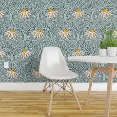 Pre-Pasted Wallpaper 2FT Wide Cottagecore Botanical Blue Flowers Dots Meadow Coneflower Large Scale Cottage Floral Spring Summer Pow Wow Echinacea Garden White Yellow Custom Pre-pasted Wallpaper by Spoonflower