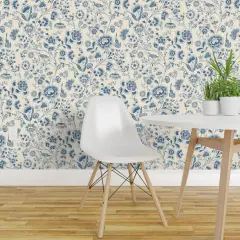 Pre-Pasted Wallpaper 2FT Wide Trailing Floral Retro Beige Watercolor Garden Traditional Flowers Classic Grandmillennial Custom Pre-pasted Wallpaper by Spoonflower