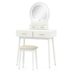 Wood MDF Vanity Table with LED Mirror, Storage Drawers and Stool White