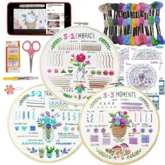 3 Sets Embroidery Kit for Beginners, 37 Embroidery Stitch Kits Adults Beginner with Embroidery Patterns, Punch Needle Point Kits Adults Including Embroidery Supplies and Instruction Video