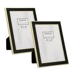 4x6'' Gold Metal Edge frames with Black Enamel set of 2, 6x4''Gold/Black Frame with Easel, Velvet Backing for Countertop, Tabletop Display, Bookshelf, Desk, 4x6''Wall Frames, (4x6'' Black/Gold)