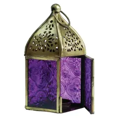 In the Breeze 9203 &mdash; Purple Mini Square Tealight Lantern &mdash; Moroccan-Style Boho Chic Tealight Glass and Metal Tabletop Lantern