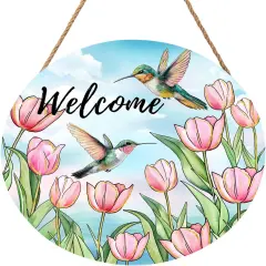 Welcome Spring Summer Pink Tulip Flowers Door Sign For Front Door Decor,Hummingbird Birds Wooden Sign 12"x 12" Round Seasonal Hanging Door Sign Decoration for Rustic Decor