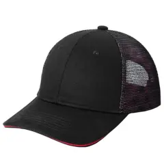Port Authority&reg; Double Mesh Snapback Sandwich Bill Cap, Structured Mid Profile Hat with Iridescent Mesh Design Black/ Red