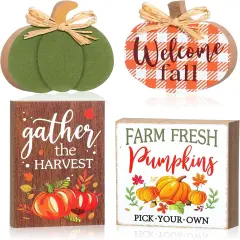 4 Piece Plaid Pumpkin Welcome Tabletop Signs Harvest Tray Decor