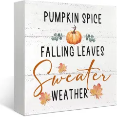 Fall Decor for Table Wood Box Sign Pumpkin Spice Falling Leaves