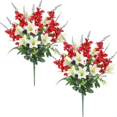 Cemetery Flowers 2pack Cemetery Decorations for Grave Funeral Flowers Artificial Lily Gladiolus Cemetery Flowers for Grave Graveyard Memorial Flowers for Gravesite Cemetery Headstones -Red and White