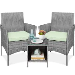 Best Choice Products 3-Piece Outdoor Wicker Conversation Patio Bistro Set, w/ 2 Chairs, Table Gray/Light Mint