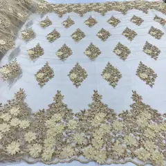 1 Yard Beaded 3D Floral Lace Fabric Embroidered on 100% Polyester Net Mesh 52" Width Gold