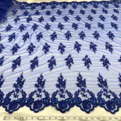 1 Yard Beaded Corded Lace Fabric Embroidered Elegant Mesh Bridal Gown 53" Width Royal Blue