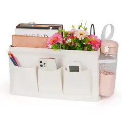 Bedside Caddy Bedside Organizer Bedside Storage Caddy with Fixed Straps and Water Bottle Holder for Home College Dorm Bunk Bed Hospital Bed Crib Bed Rails (White)