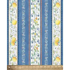 Mediterranean Lemon Floral Stripes Cotton Fabric | By the Yard | Sewing and Crafting | 44 inches wide