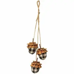 Jute Plush Acorn Ornament with Plaid Pattern and Hanging Loop