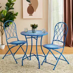 Set of 3 Outdoor Metal and Ceramic Tile Blue Folding Bistro Set