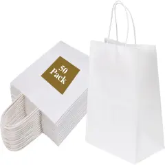 50 Pack 8x4.75x10 Inch Medium White Kraft Paper Bags with Handles Bulk (50pcs)