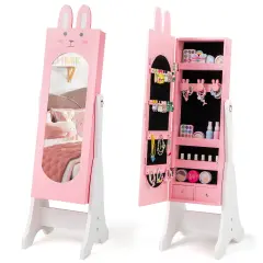 MDF and Glass Jewelry Cabinet with Full-Length Mirror, Large Storage and Adjustable Tilt Pink