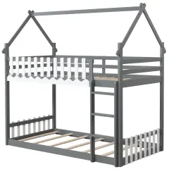 Pine Wood House Bunk Bed, Twin Over Twin, Sturdy Frame and Safe Ladder Gray
