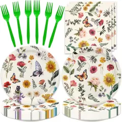 48pcs Wild Floral Party Supplies,include 16 Dessert plate,16 Napkin and 16 Fork,Baby in bloom Party Plate Napkin Fork Birthday Set,Used for Wildflower Party Decoration