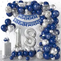 18th Birthday Decorations Navy Blue Silver,18th Birthday Balloon Garland Party Decorations with Number 18 Foil balloons,Happy Birthday Banner for Boys Girls 18th Birthday Party Decorations