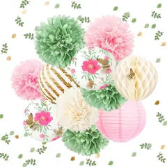 12PCS Green Pink Blooms Tissue Pom Poms Paper Lantern 3D Gold Confetti 50G for Garden Birthday, Fairy Party, Butterfly Baby Shower, Wedding, Holiday, Easte Party, Spring Decor