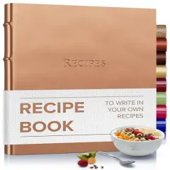 Gallery Leather Recipe book to write your own recipes - 3 Ring Recipe Binder With Protective Plastic Sleeves, Blank Cards, 25 Pocket Pages and Ivory Cards, Refillable - 9.25 x 8 " Frprt Met Rose Gold