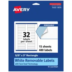 Avery Matte White Removable Rectangle Labels with Sure Feed Technology, 5/8" x 3"