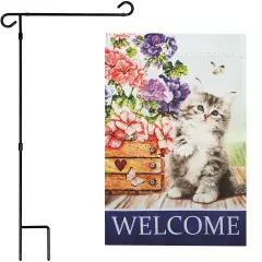 G128 Combo Pack: Garden Flag Stand 36x16IN & Garden Flag Welcome Kitten Flowers Printed 12x18IN Double Sided