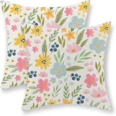 Spring Pillow Covers 20x20 Set of 2, Watercolor Yellow Pink Blue Flowers Throw Pillows Summer Spring Floral Leaf Print Decor Pillowcase Farmhouse Outdoor Decorations Cushion Case for Couch Home
